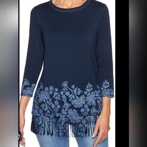 Ruby Rd. Navy 3/4 Sleeve Top with Light Blue Floral Border & Fringe Size L